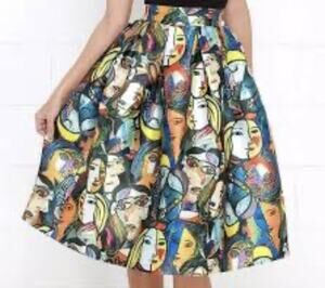 Banjul Picasso Style Colorful Face Art Flare Poofy Skirt ~ Lined ~ Size Small